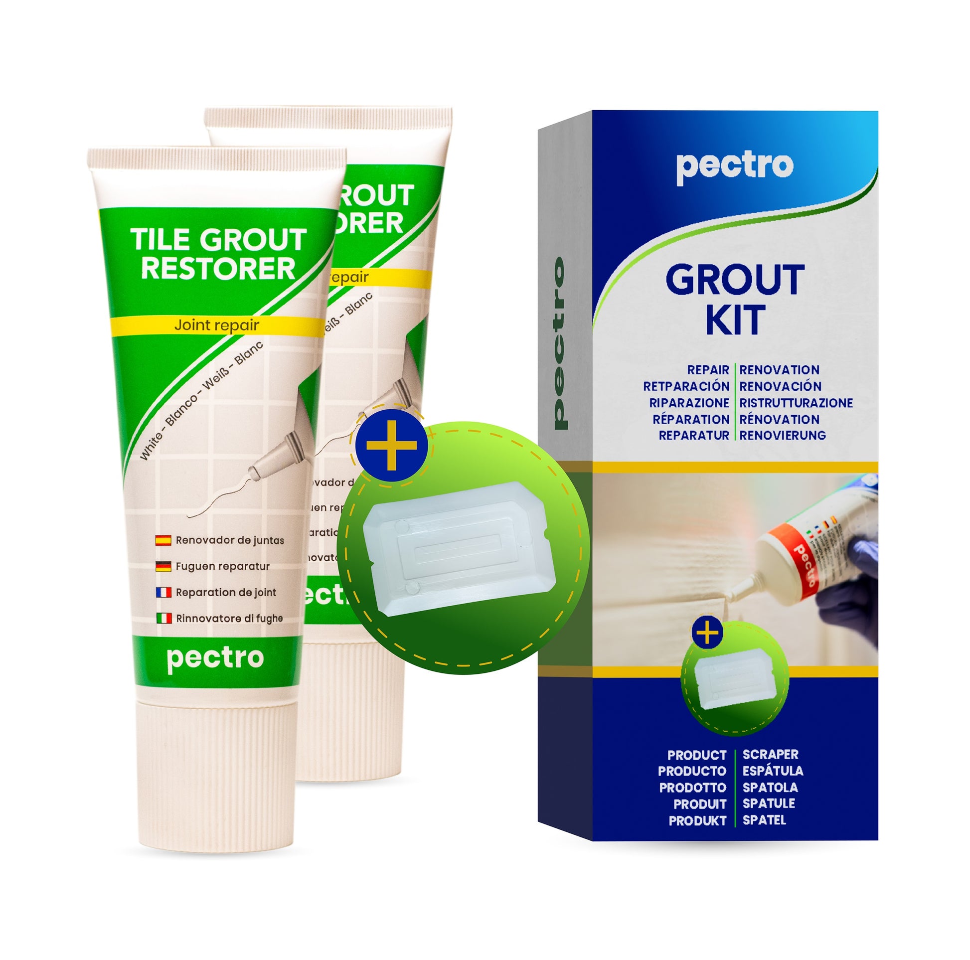 Kit x 2 Rinnovatore di fughe + 2 Spatola per l'applicazione Pectro 400g | Riparatore sbiancante per piastrelle