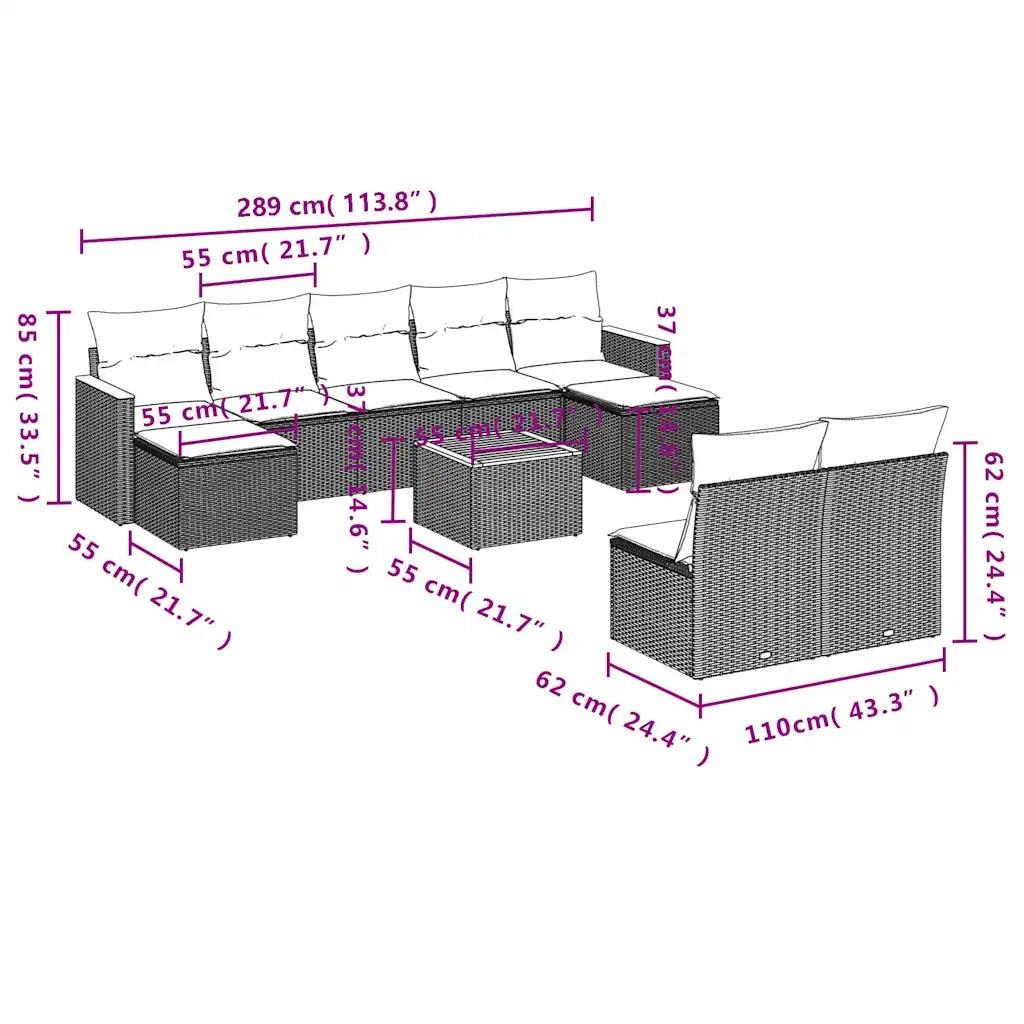 Set Divani da Giardino 10 pz con Cuscini Nero in Polyrattan 3226379