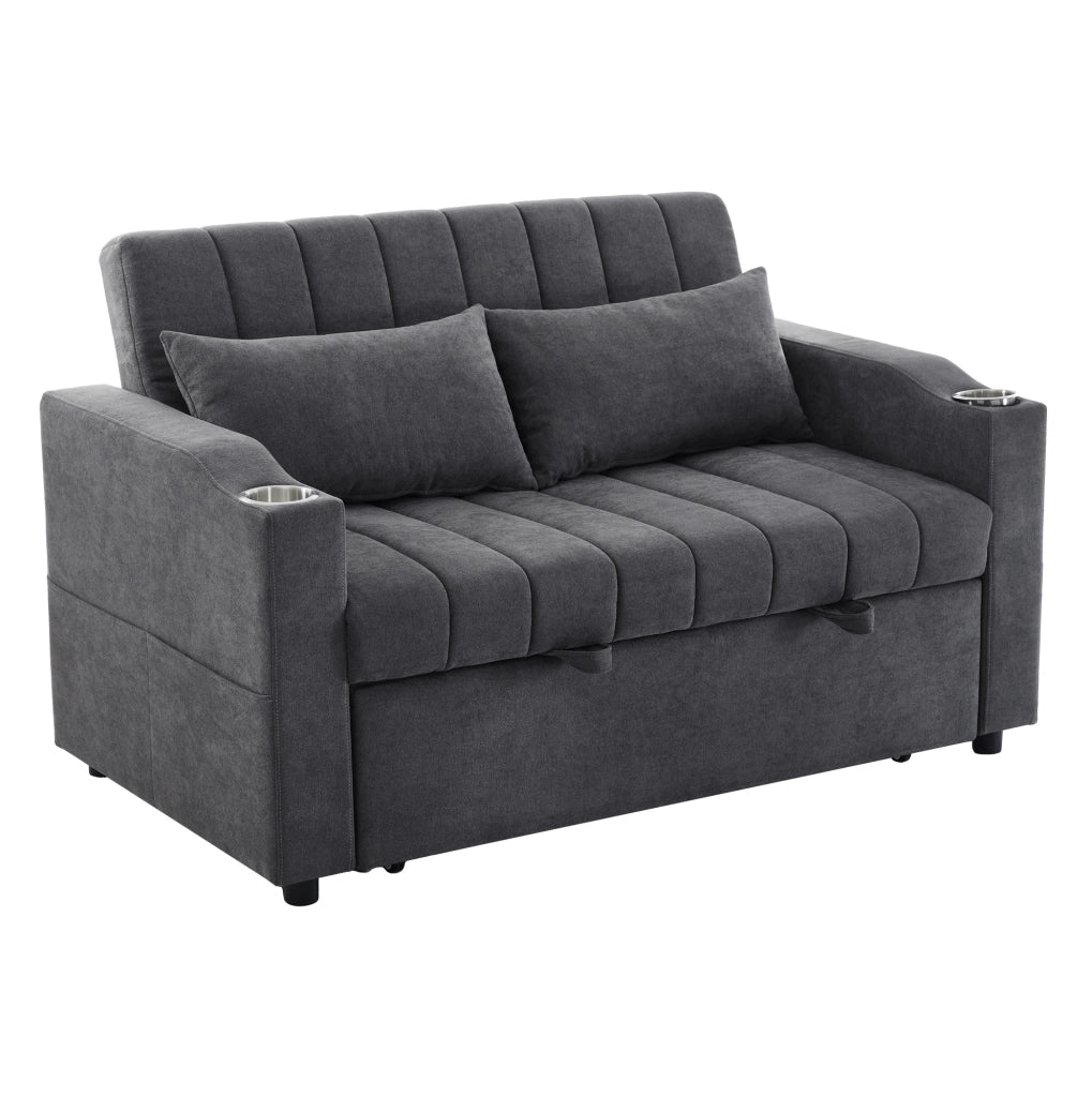 Divano letto 2 posti 136x162x84 cm con schienale regolabile e 2 cuscini in cotone e lino grigio