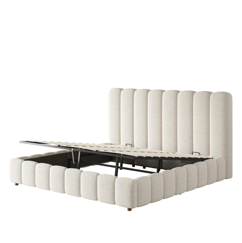 Letto matrimoniale imbottito con contenitore idraulico; rivestimento in bouclé bianco