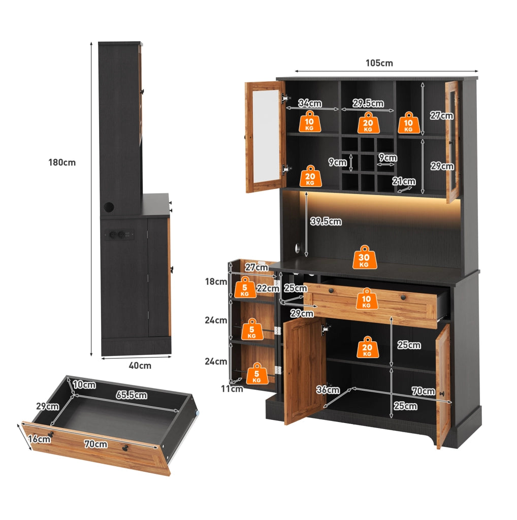 Credenza cucina con LED, presa integrata e vano portabottiglie