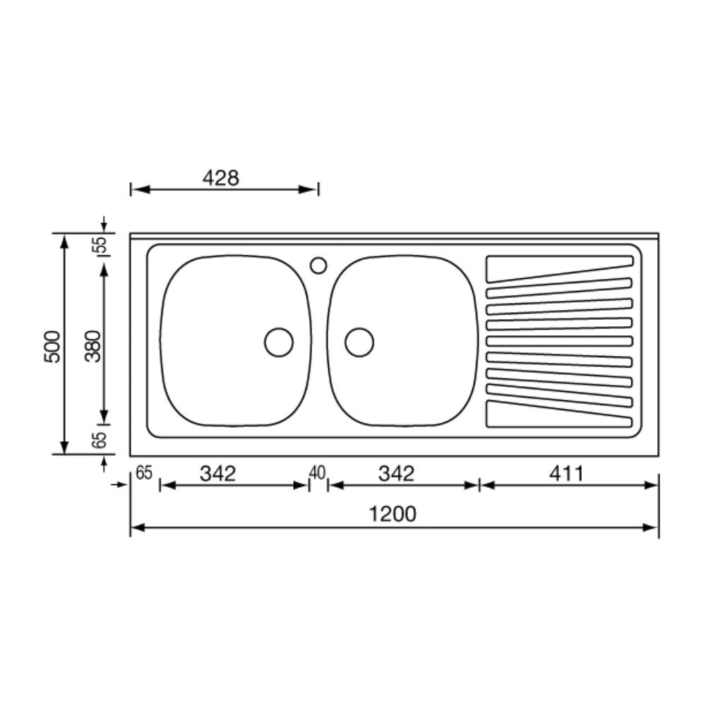 Lavello appoggio 120x50 2 vasche e gocciolatoio destro Mondial inox