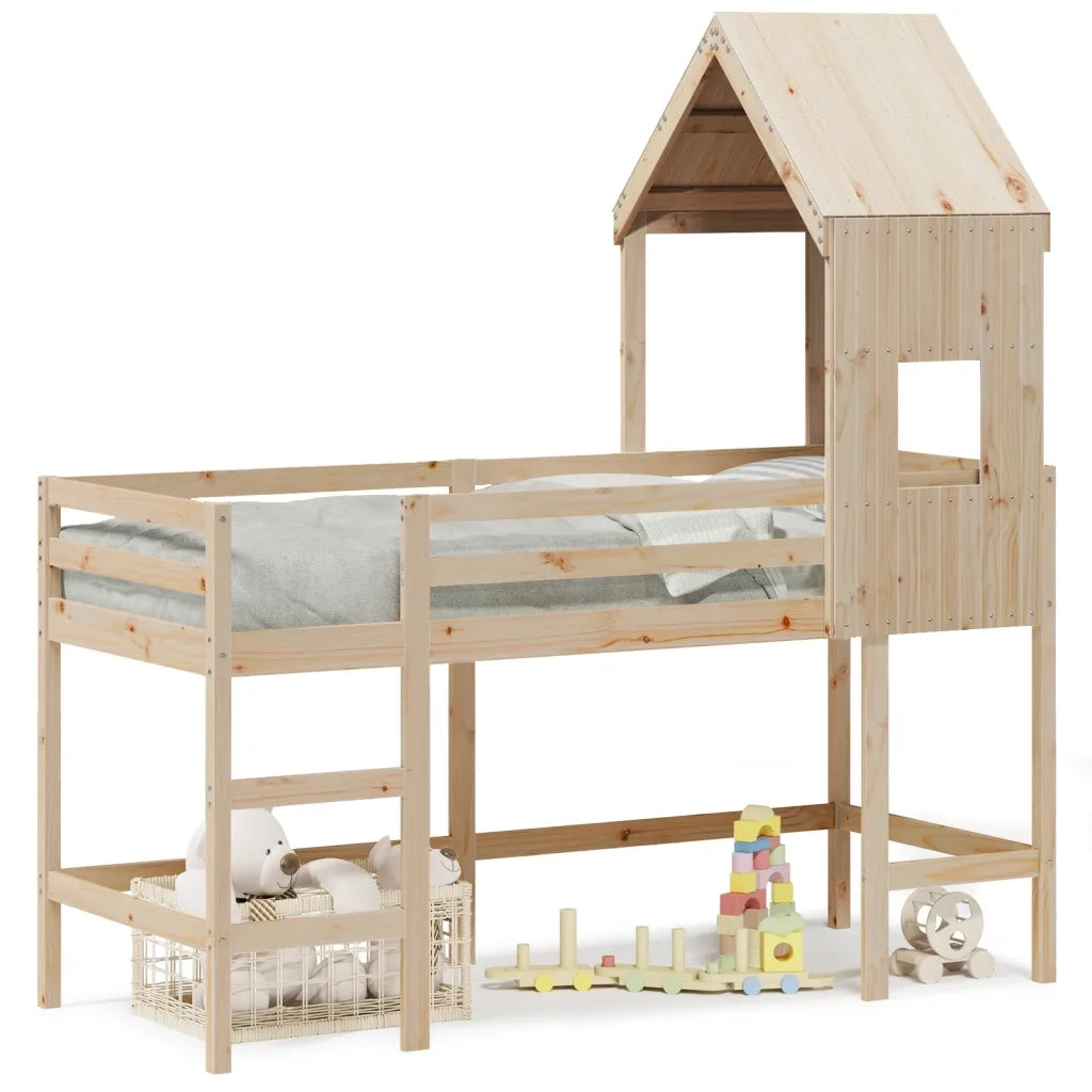 Letto singolo | Letto per adulti | Letto Soppalco con Scala e Tetto 80x200 cm Legno Massello Pino
