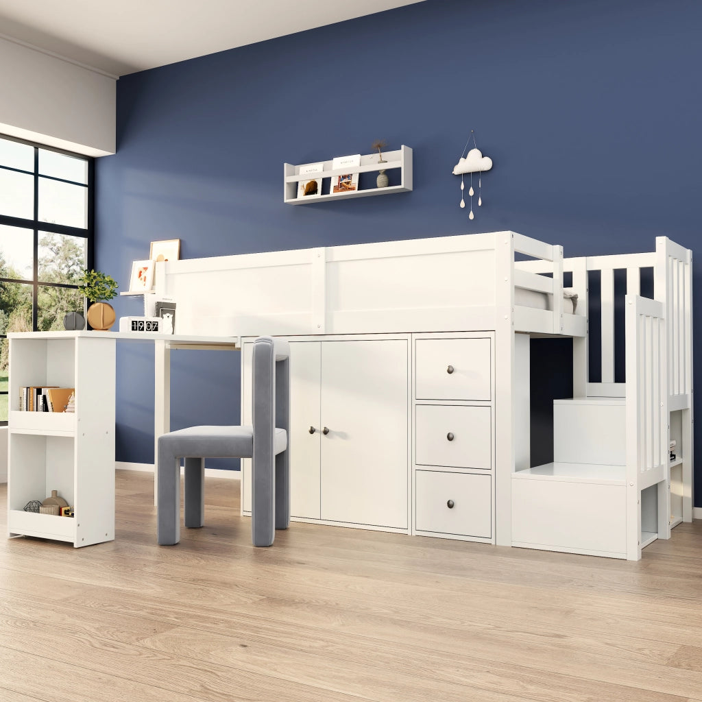 Letto a castello bianco con scrivania estraibile ripiani laterali armadio e cassetti 90x200cm