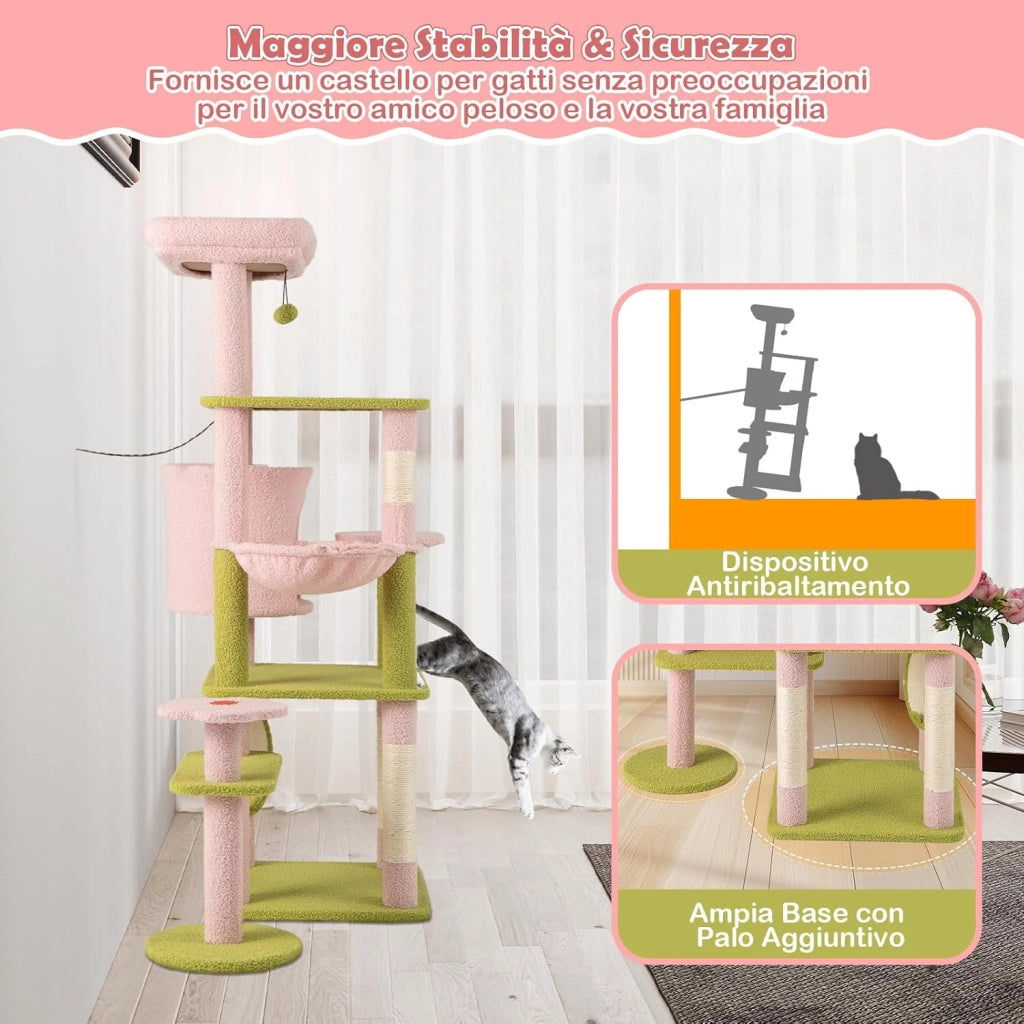 Tiragraffi per Gatto Alto 150 cm Stile Floreale, Albero Tiragraffi Gatti con Pali in Sisal, Piattaforme, Grotta e Pompon, Torre Gatto Rivestito in Peluche, Rosa e Verde
