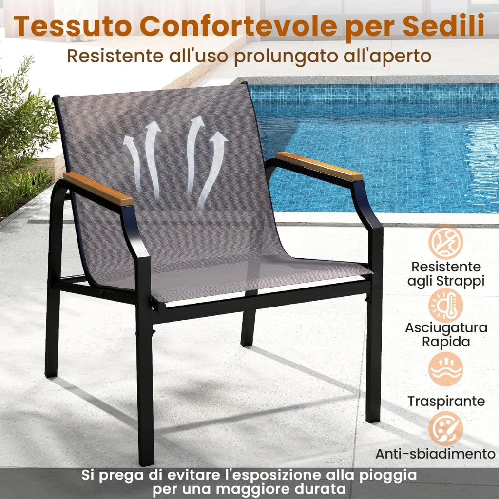 Set da Giardino a 3 Pezzi, Set Mobile da Esterno con Talaio in Metallo, Poltrona e Tavolino Quadrato, Set da Bistro con 2 Poltrone, per Giardino Cortile Piscina