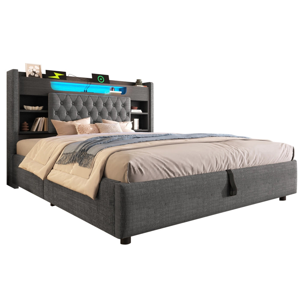 Letto matrimoniale 160x200 cm in lino grigio con contenitore; LED e porte USB