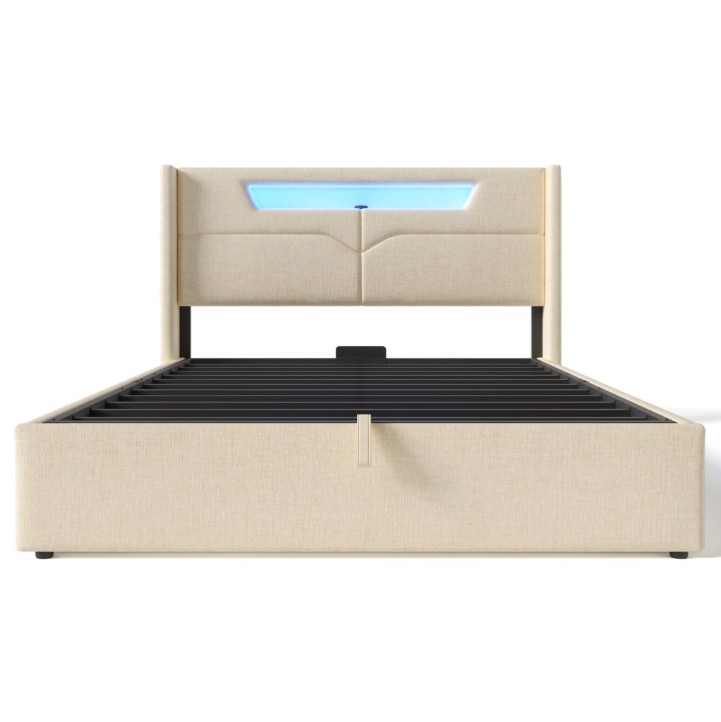 Letto matrimoniale imbottito con LED, USB e USB-C, contenitore alzabile, 160x200