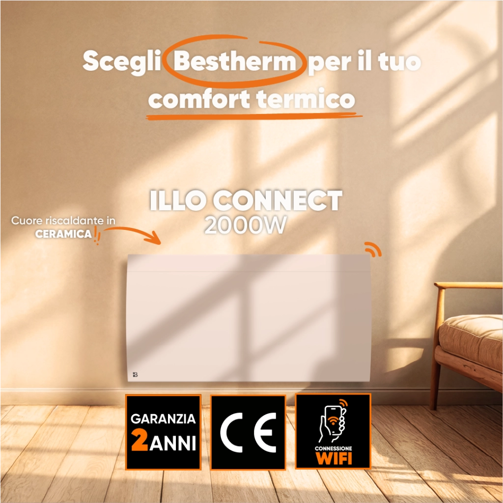 Radiatore elettrico fisso connesso WIFI con inerzia ceramica a secco 2000W ILLO CONNECT orizzontale bianco