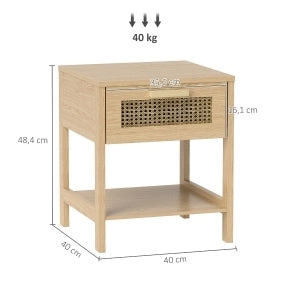 Comodino 40x40x48.4 cm con cassetto; ripiano e design in rattan in legno naturale