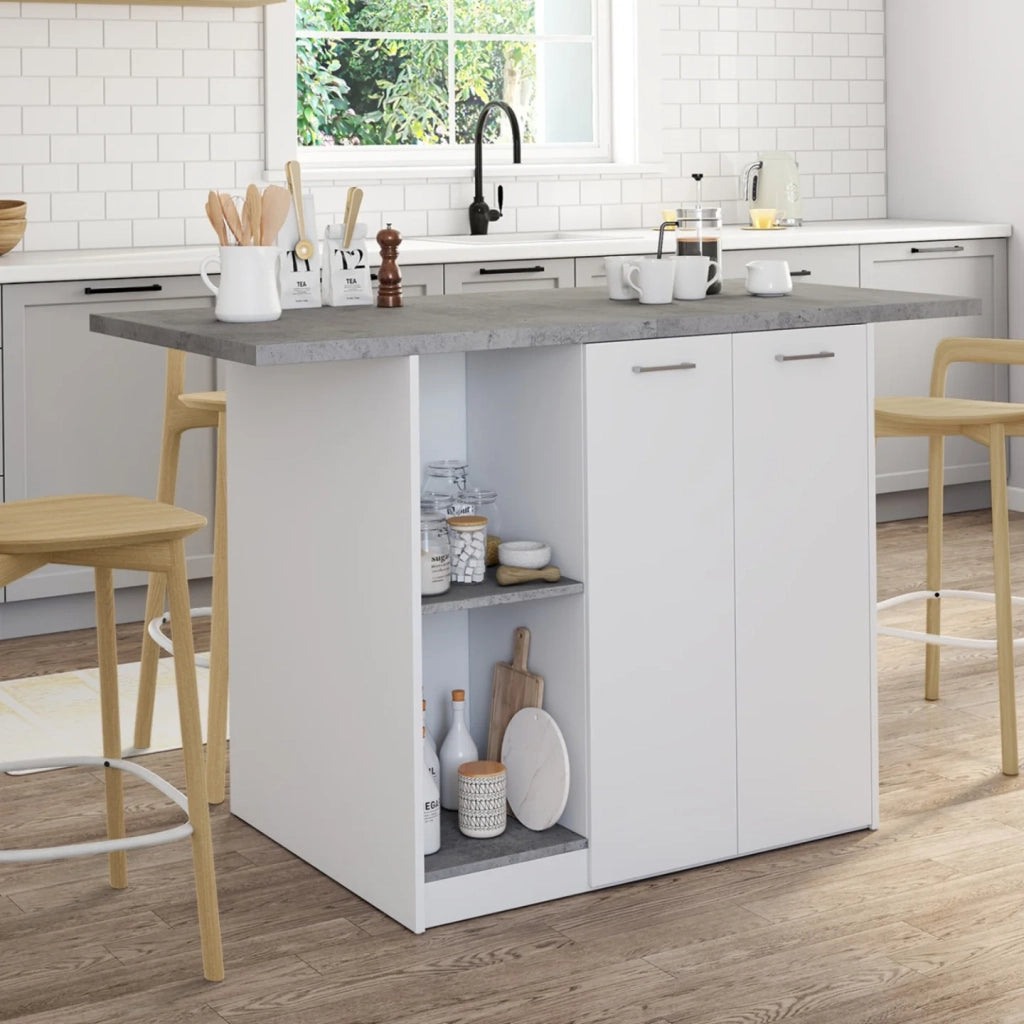 IDMarket - BAO 140 cm 4 persone isola centrale in legno bianco con piano di lavoro effetto cemento