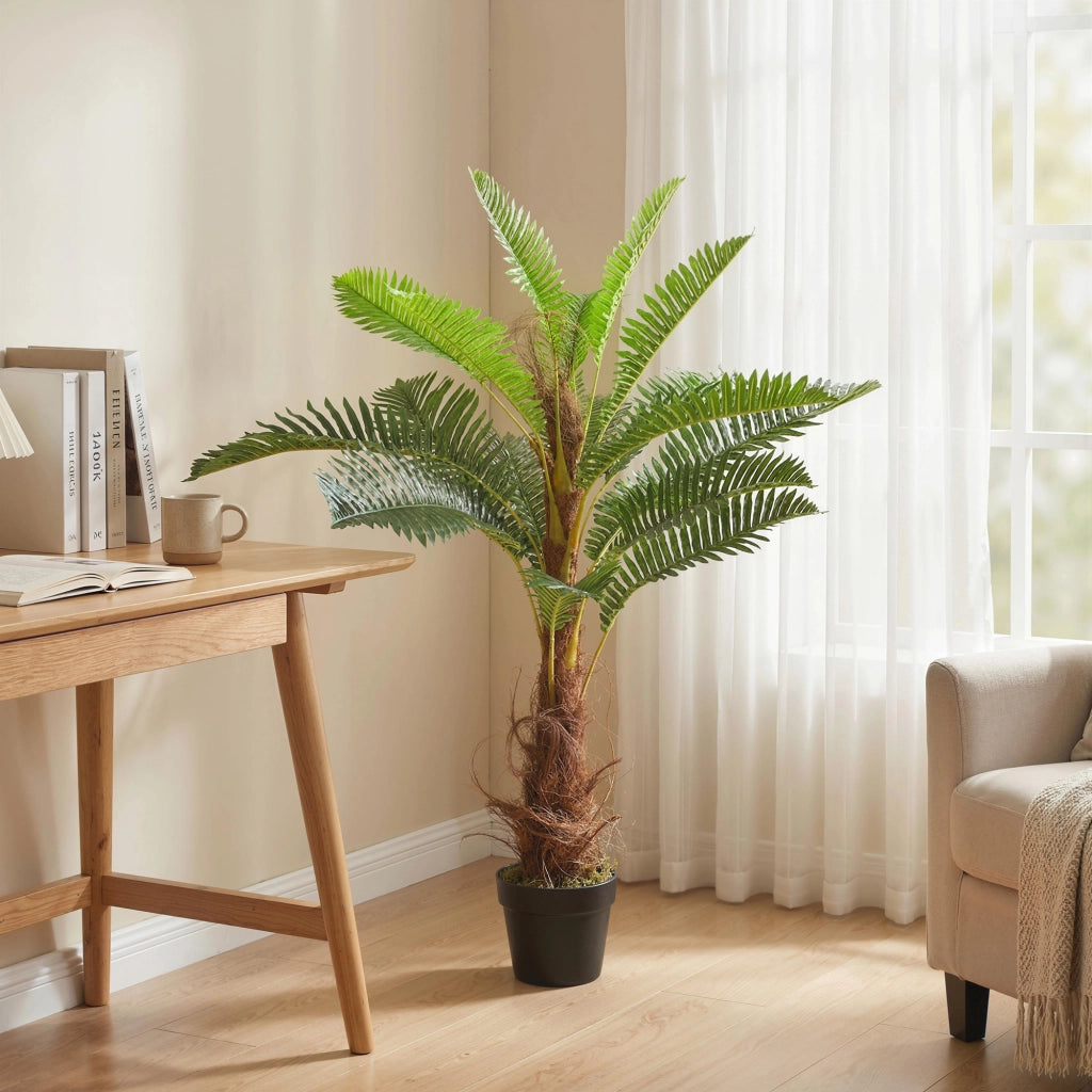 Palma Artificiale 100 cm con 21 Foglie in PEVA ¨C Minimal ¨C Verde con Vaso in Plastica