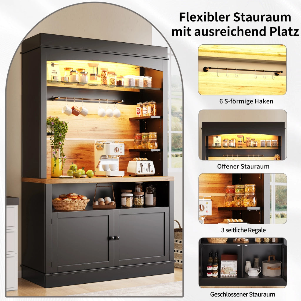OKWISH Credenza Cucina Alta con 2 Ante, Ripiano Aperto, 6 Ganci e LED, per Cucina, Nero 107 × 43 × 184 cm