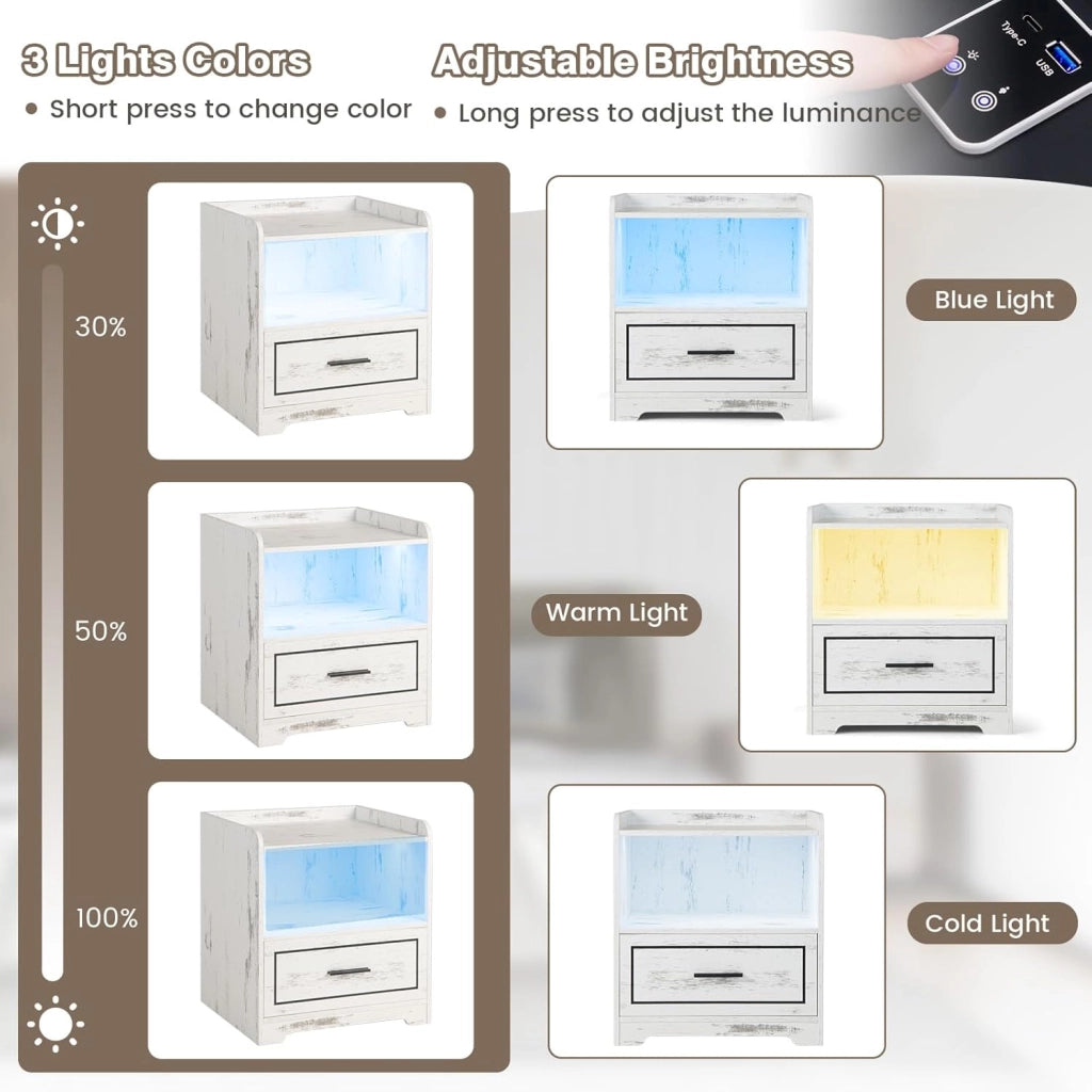 Comodino Camera da Letto con Porte USB e TYPE-C, LED Regolabile, Scomparto e Cassetto, Comodino Piccolo in Legno, Comodino Cameretta Moderno per Soggiorno, 45 x 40 x 50 cm (Bianco x 2)