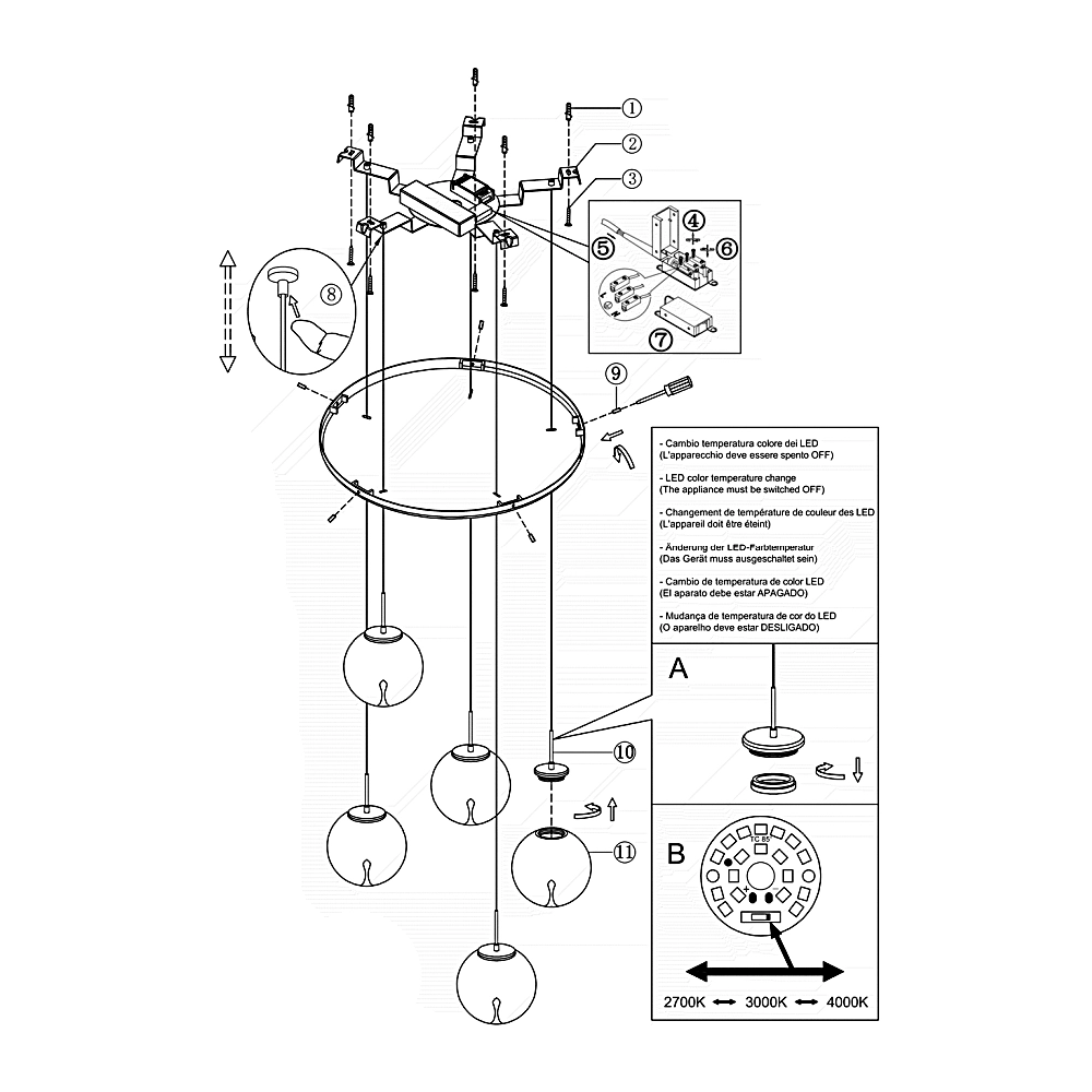 Ariel - Lampada a sospensione circolare 5 luci Fabas Luce - LED 35W dimmerabile - Trasparente Rosone rotondo d.50cm