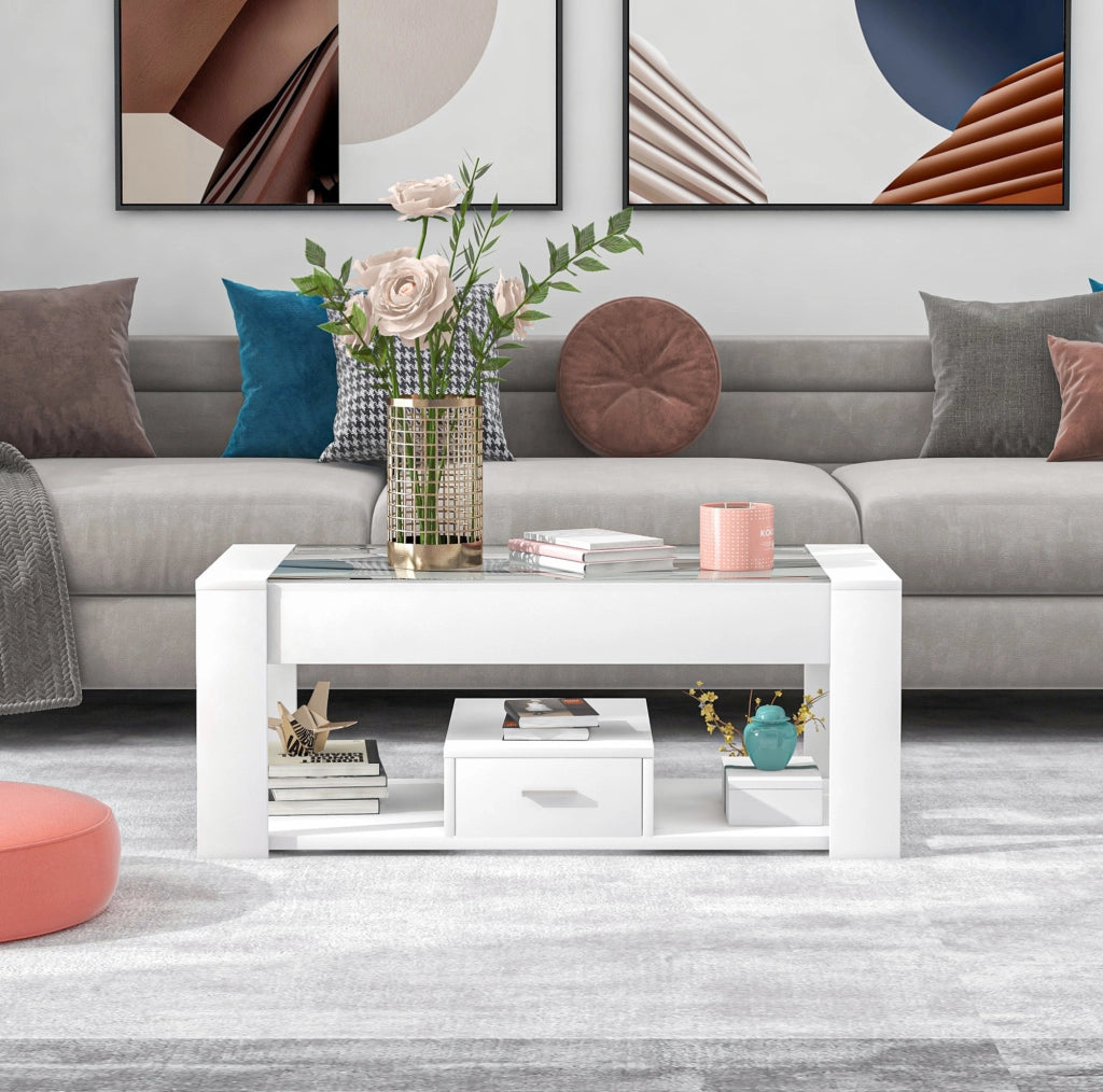 Tavolino da salotto bianco con vetro e 2 cassetti 100x50 cm
