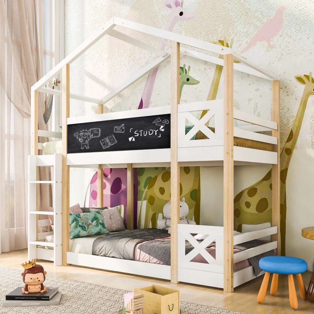 Hochbett per bambini a forma di casetta 90x200 cm con scala e lavagna; bianco in legno massello