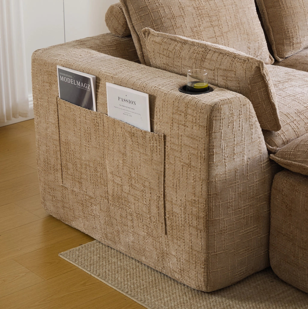 Divano modulare 3 posti con pouf in ciniglia kaki 256x161 cm HAVRYA