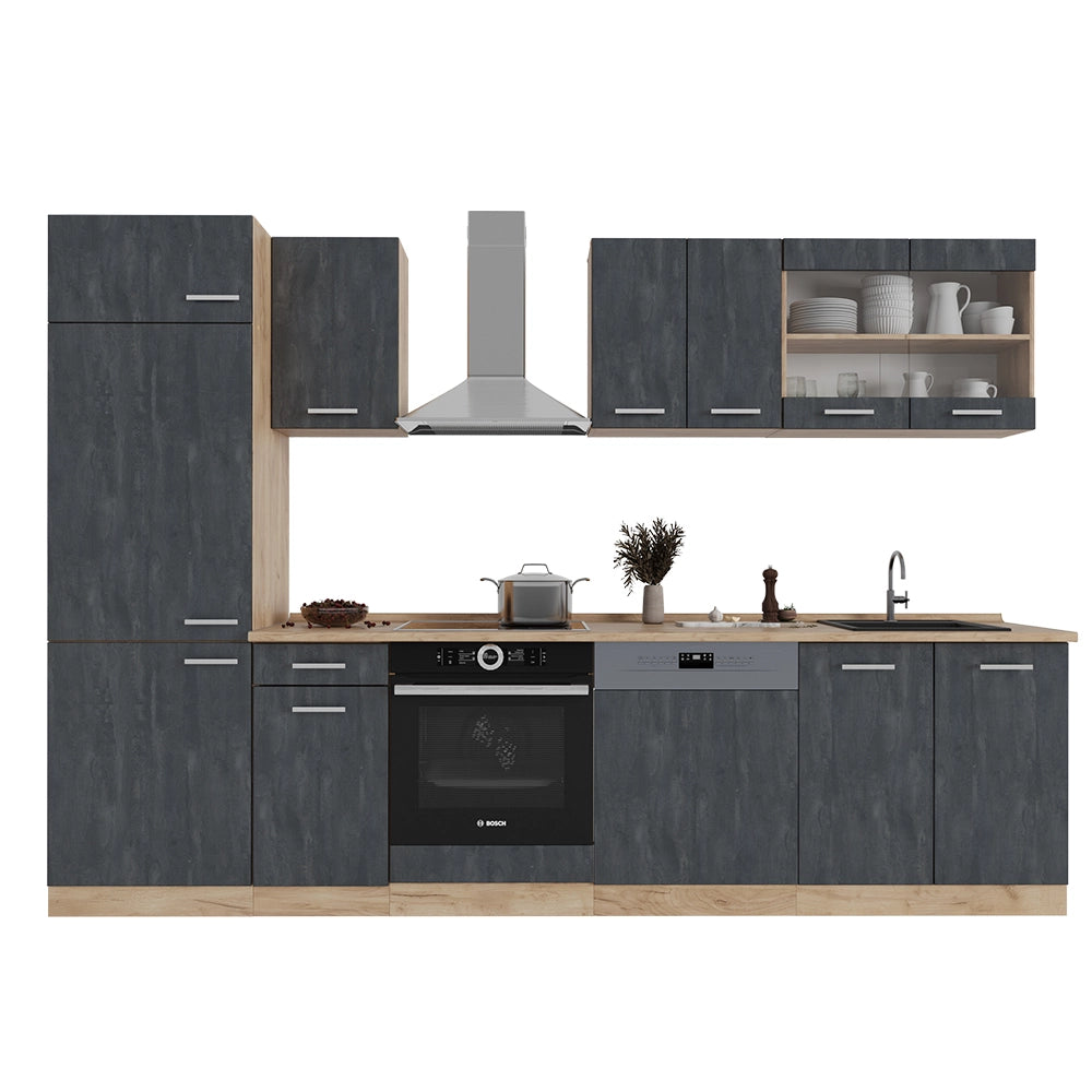 Vicco Cucina componibile Calcestruzzo nero/quercia dorata 300 cm senza piano di lavoro