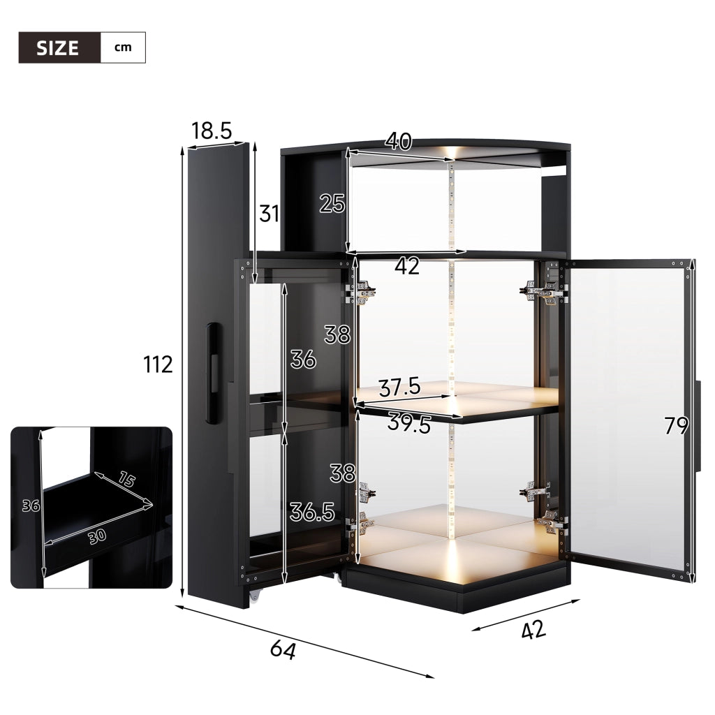 Vetrina in vetro con LED multicolore e armadio laterale estraibile nero 64 × 42 × 112 cm
