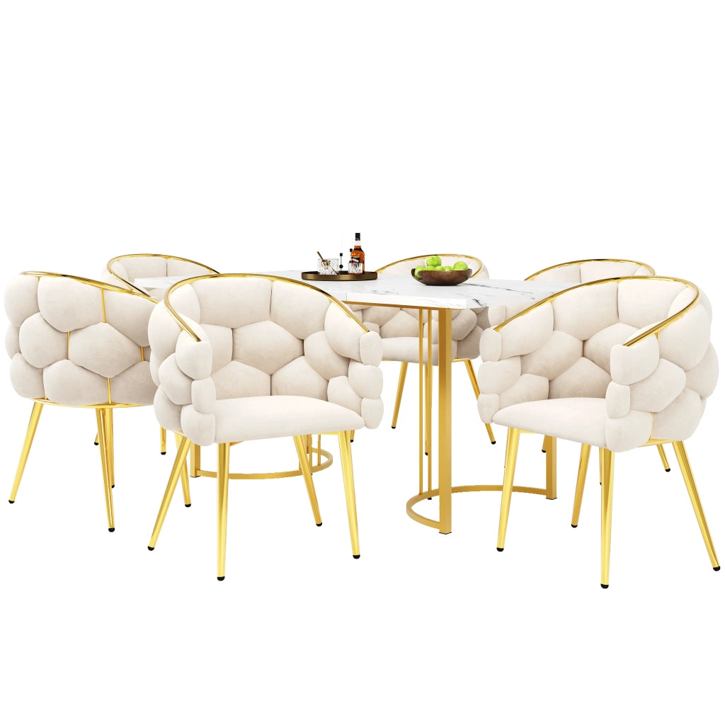 Tavolo da pranzo per 6 persone con 6 sedie, stile moderno, in MDF, metallo e velluto, beige e oro, 140 × 80 × 75 cm