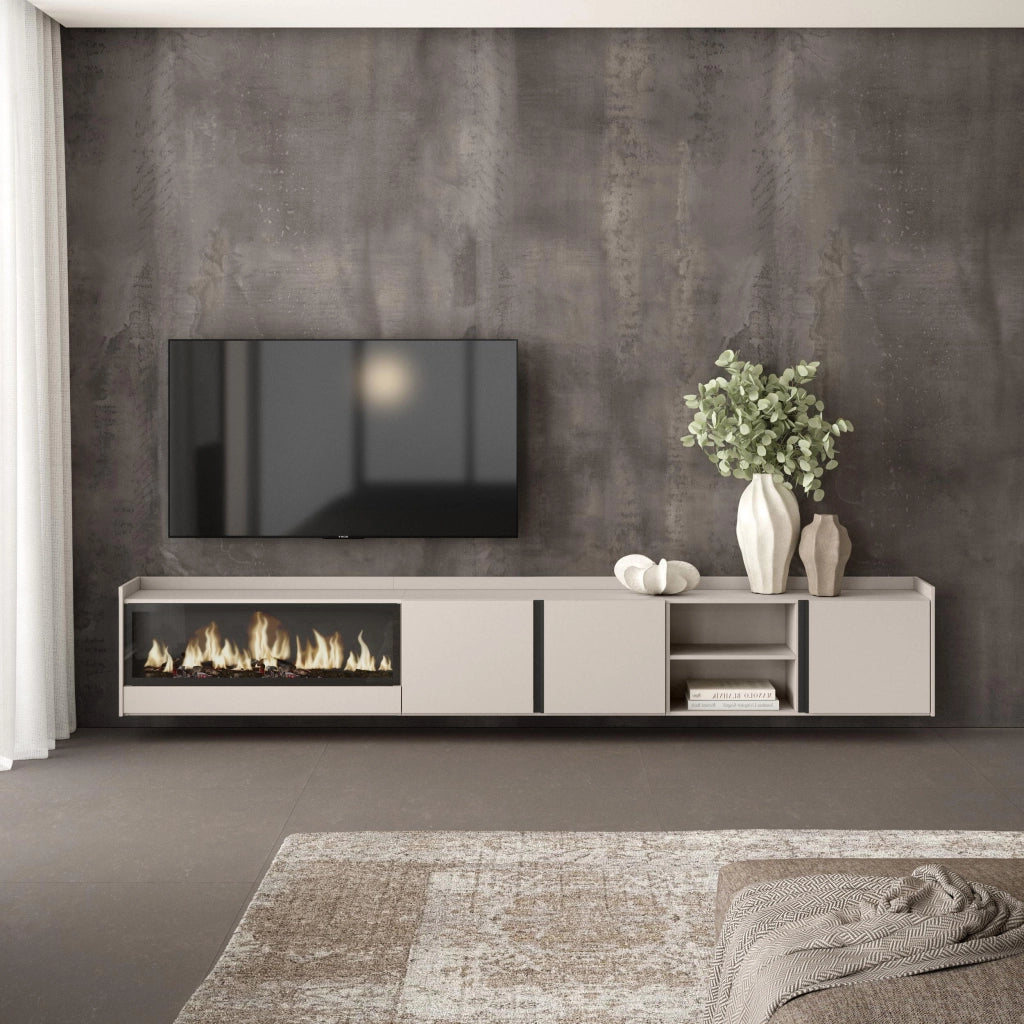 Mobile TV Soggiorno, 315x50x35 cm, Per TV fino a 80", Camino elettrico XXL, Sospeso, da appendere, Beige