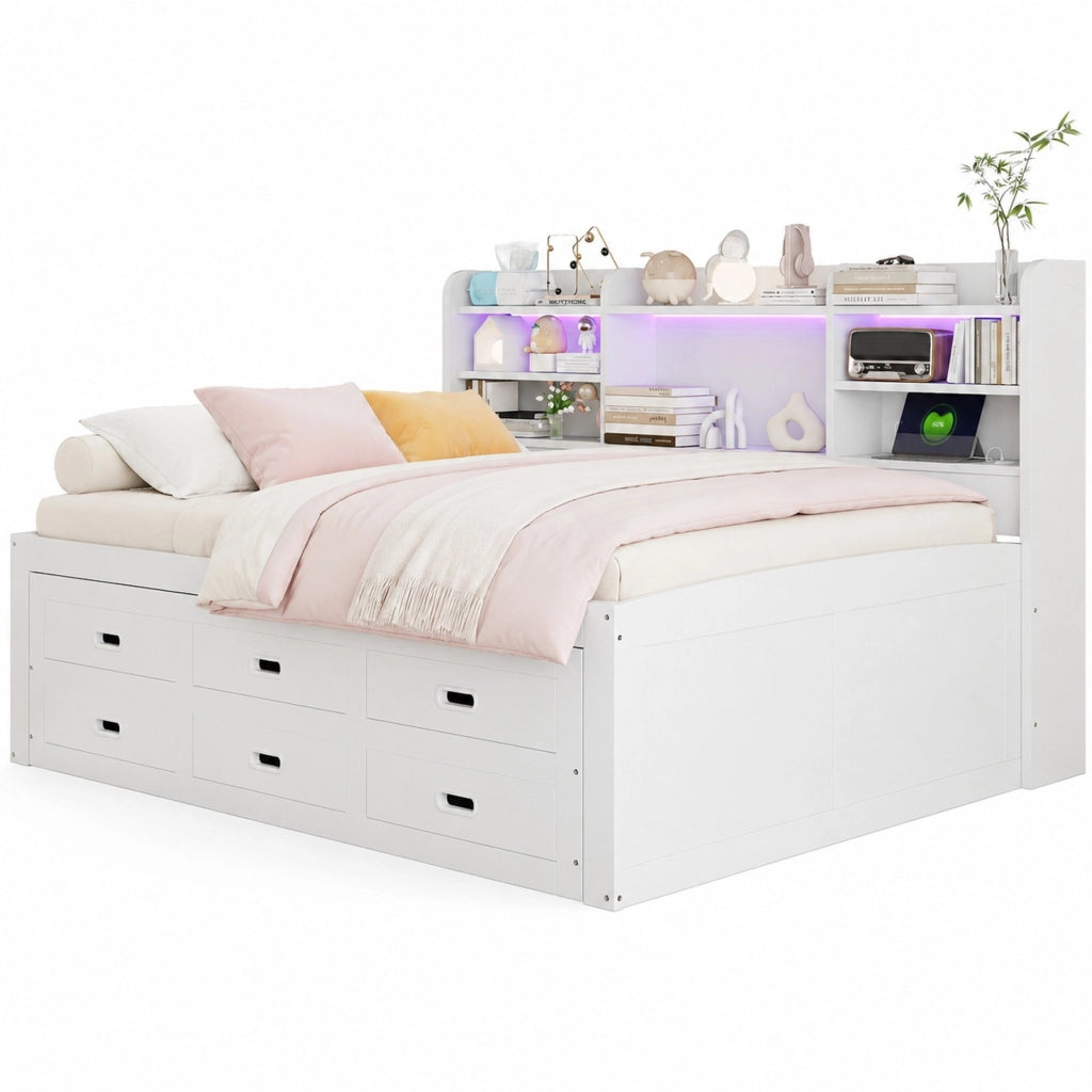 Letto multifunzionale estraibile 140x200 cm con LED; 3 cassetti; USB e Type-C; bianco