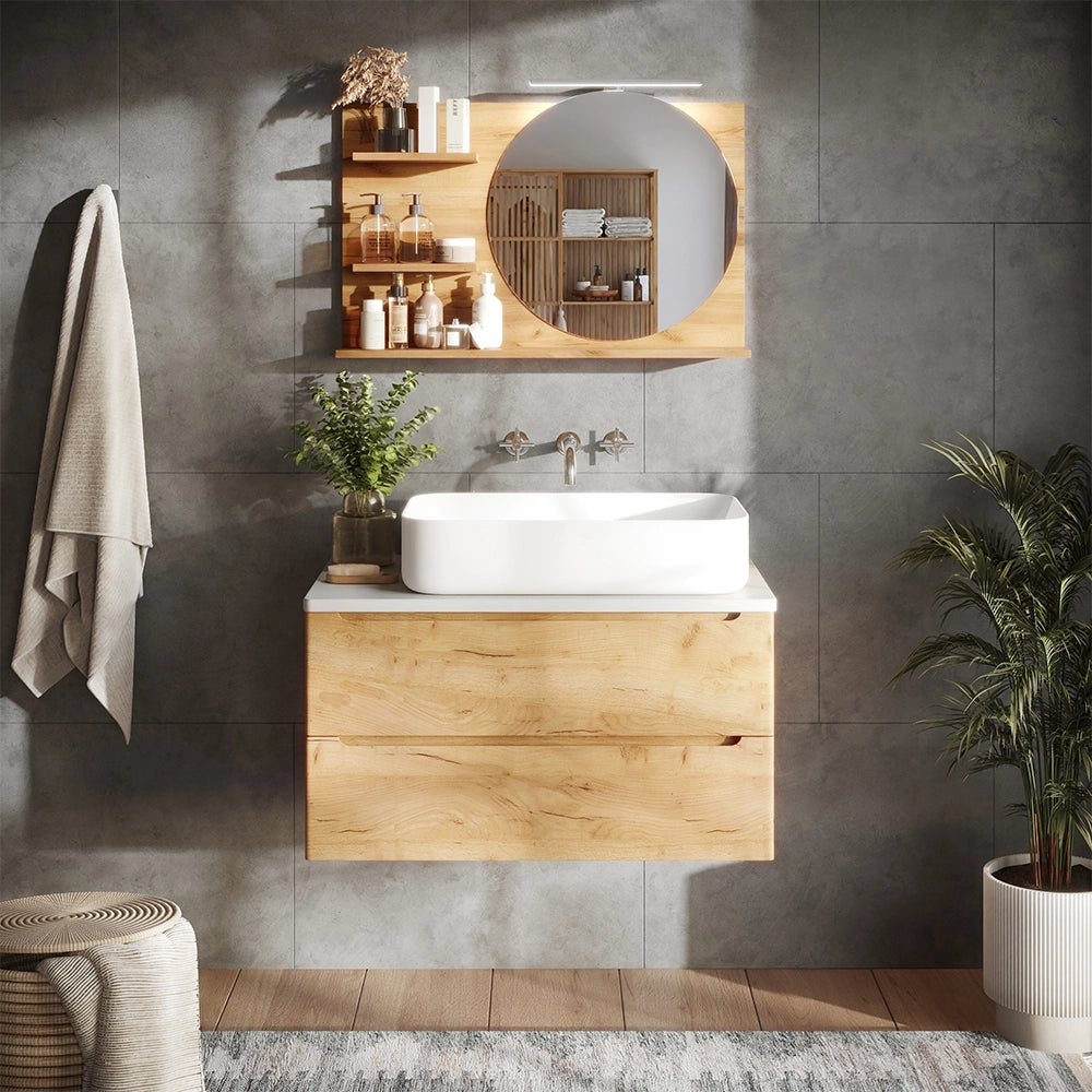 Vicco Specchio con mensola Rovere 80 x 50 cm con 3 scomparti aperti
