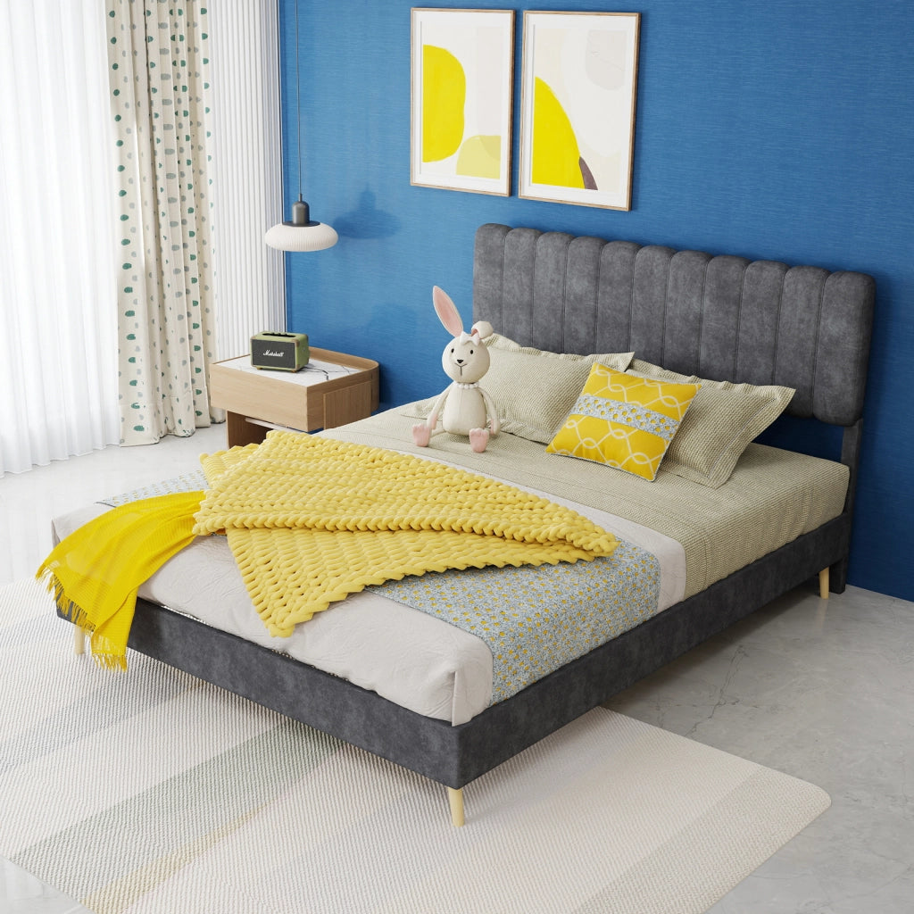 Letto matrimoniale imbottito 140x200 cm in velluto grigio con testiera morbida