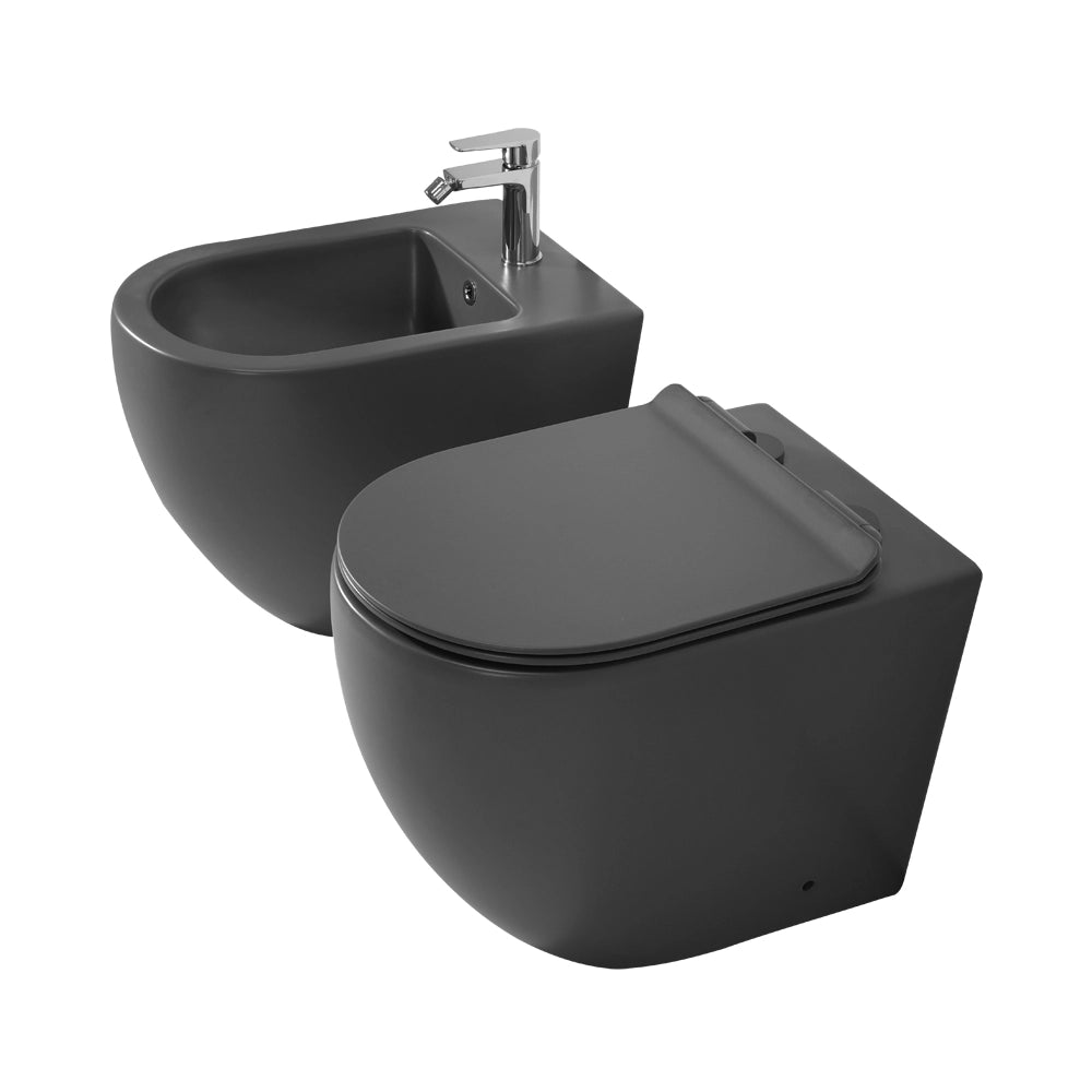 Sanitari Filomuro in ceramica grigia opaca con copriwc e scarico a tornado Tokyo