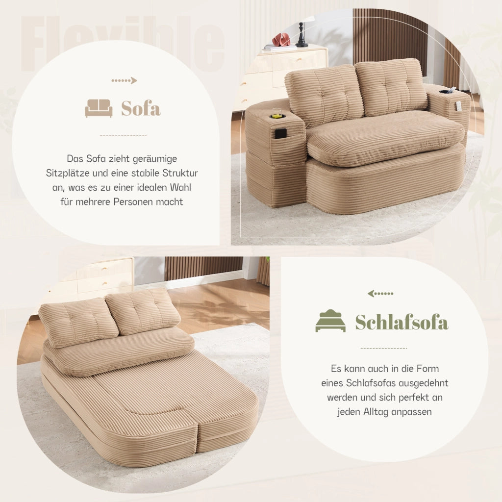 Poltrona letto 2 in 1 in velluto a coste kaki con portabevande