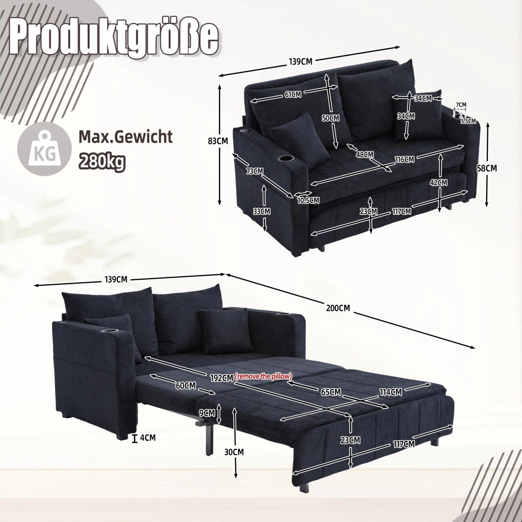 Divano letto trasformabile in ciniglia nera; 139 x 83 x 58 cm; con tasca laterale e 4 cuscini