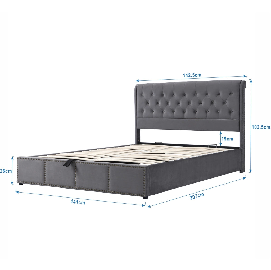 Letto imbottito 140x200 cm in velluto grigio con contenitore