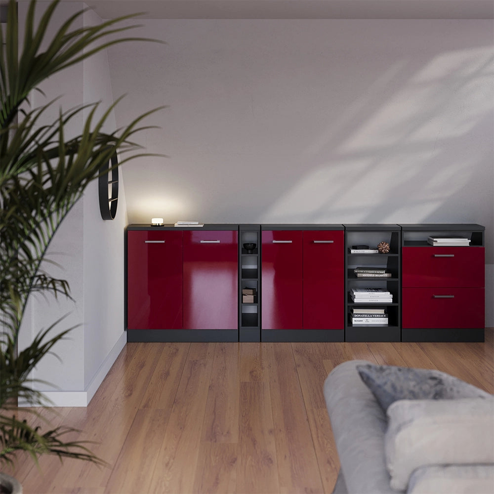 Mobile cucina sottotetto R-Line Rosso lucido/Antracite 80 cm con 2 porte, carcassa 60 cm profondità Vicco