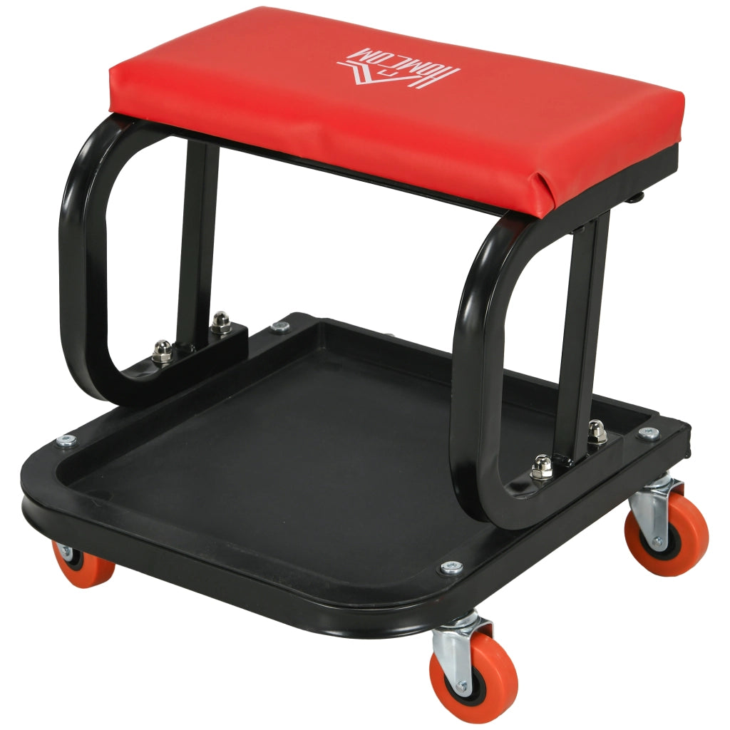 Sgabello da Officina Imbottito con Ruote e Vassoio Porta Attrezzi in Acciaio e PU, 38x35x37cm, Rosso