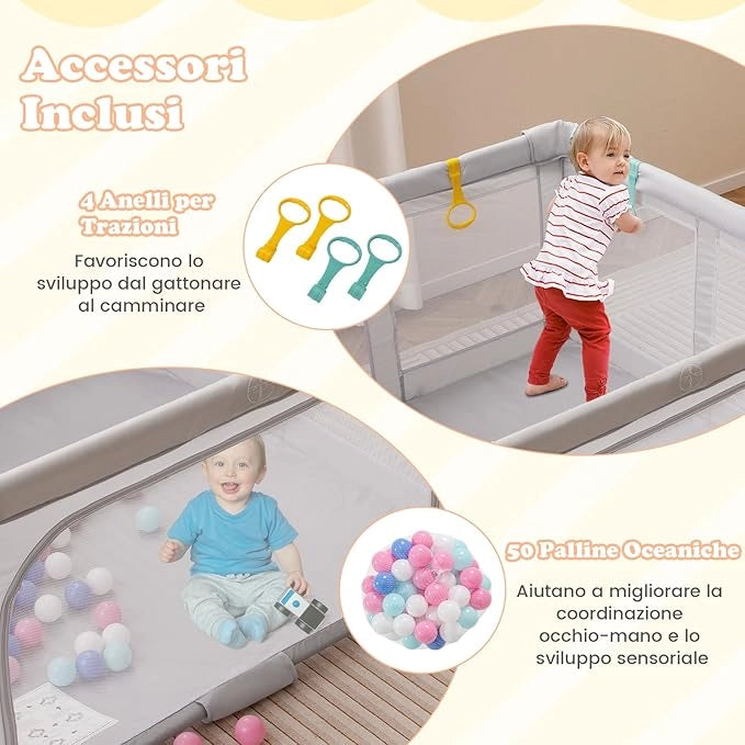 Box per Bambini 127 x 127 cm, Recinto per Bambini Pieghevole in Tessuto Oxford con Rete Traspirante, Box con Giochi che Include 50 Palline, 4 Pezzi Anelli e Borsa (Grigio, 127 x 127 cm)
