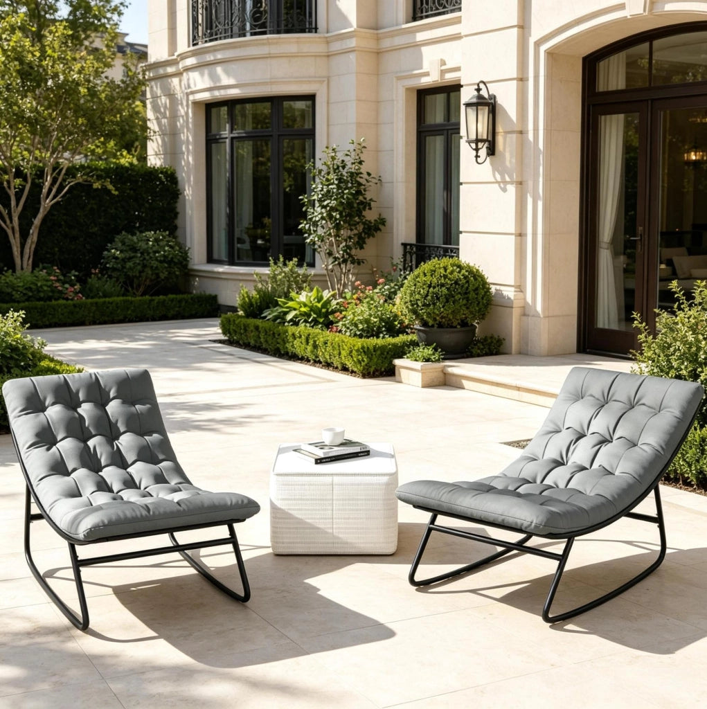 Set di 2 sedie a dondolo da esterno con cuscino; 64x101x71 cm; in acciaio nero e grigio scuro