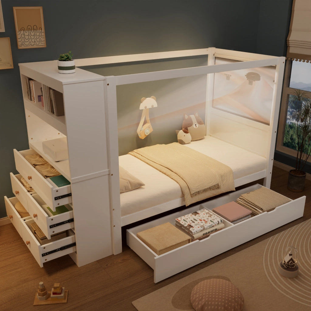 Letto singolo bianco con funzione contenitore in legno massello e mdf 90x200 cm
