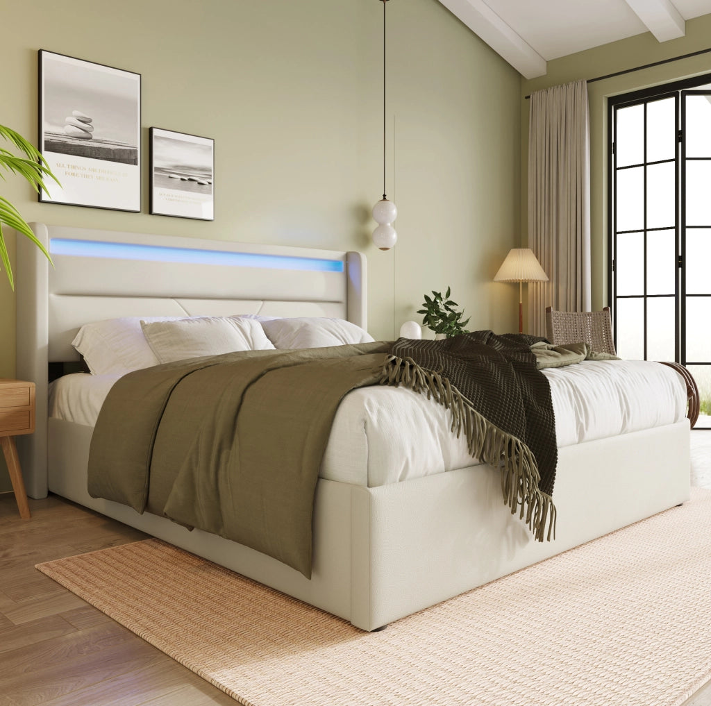 Letto matrimoniale imbottito 160x200 cm con contenitore; LED e rete ribaltabile; bianco in PU