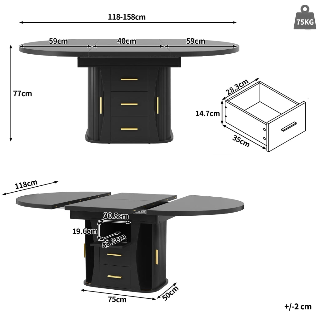 Tavolo estensibile nero in MDF 118-158 × 118 × 77 cm