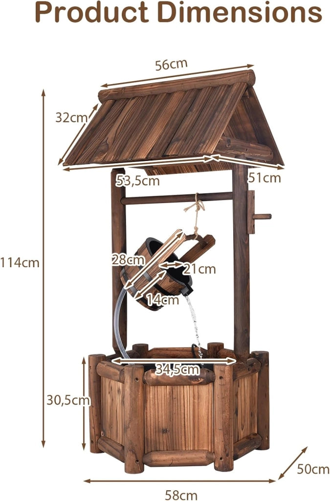 Fontana da giardino con tetto per esterni, fontana in legno con pompa elettrica e secchio in legno, fontana decorativa per cortile e prato, 59 x 56 x 115 cm