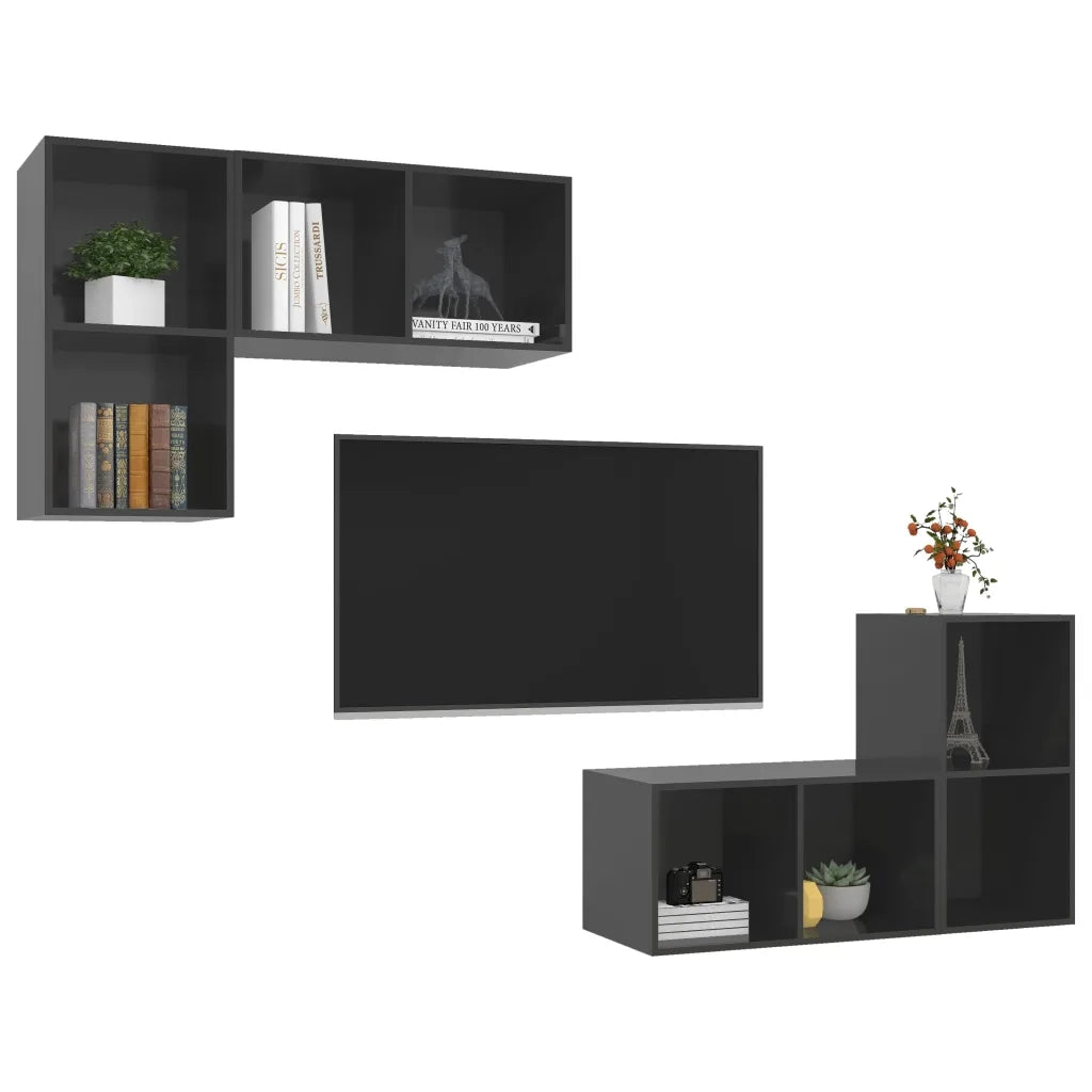 Mobile TV a Parete 4 pz Grigio Lucido in Truciolato 3079843