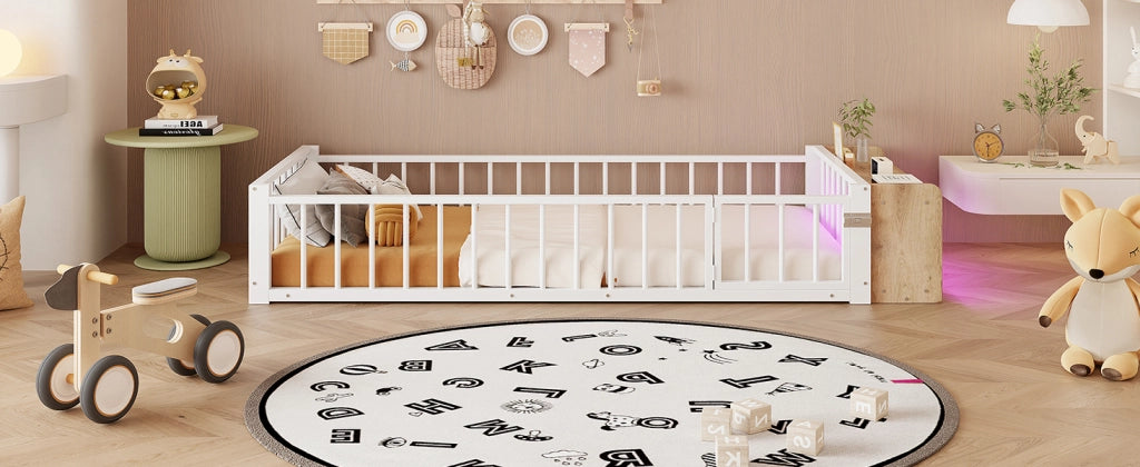 DESMIU Letto per bambini 90 × 200 cm con sponda di sicurezza, vano aperto e LED, senza materasso, bianco