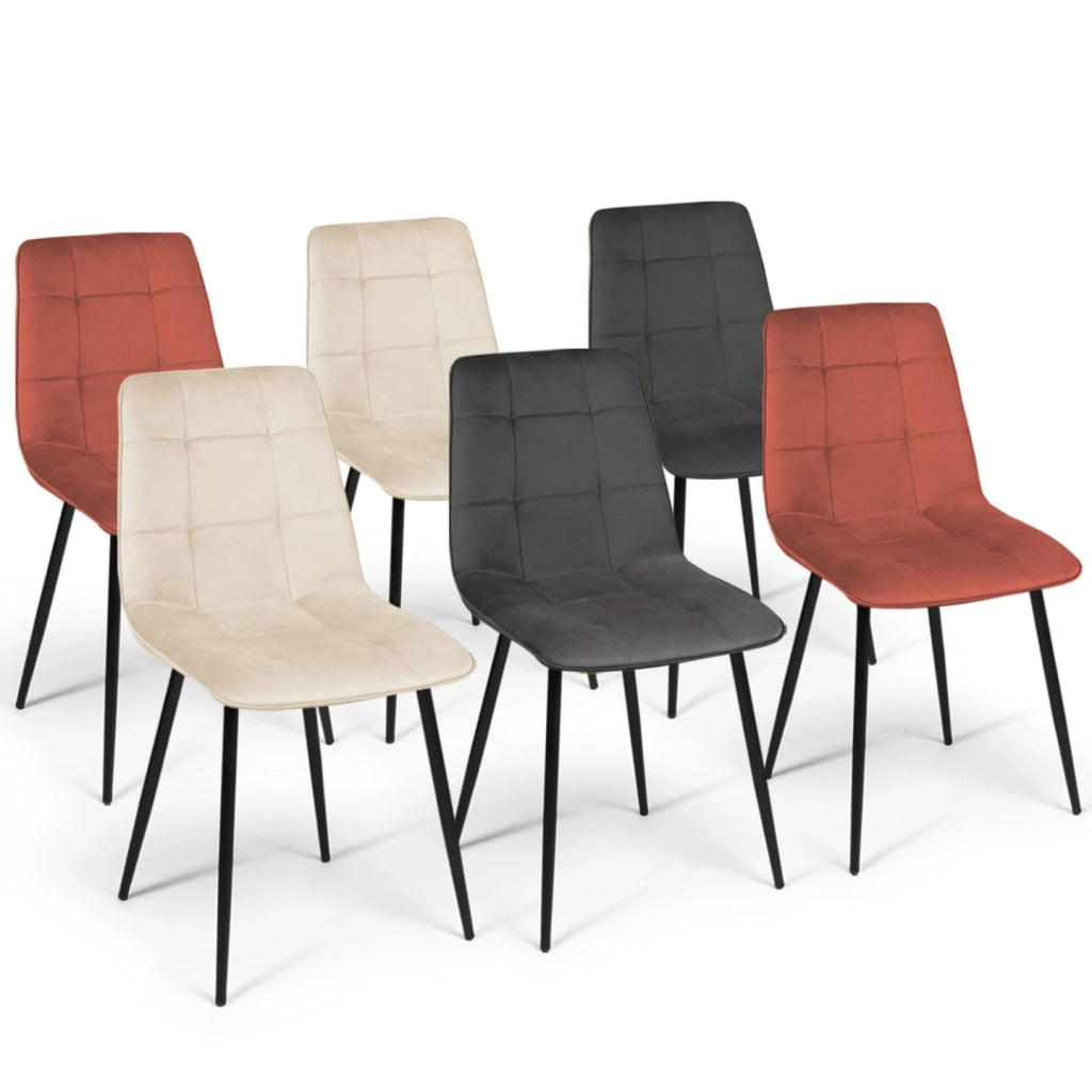 IDMarket - Lote de 6 sillas MILA en mezcla de terciopelo color terracota x2, gris oscuro x2 y beige x2