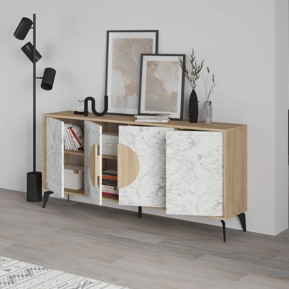 Madia 4 ante Gora180 colore bianco effetto marmo carrara e rovere 180x35,6x82