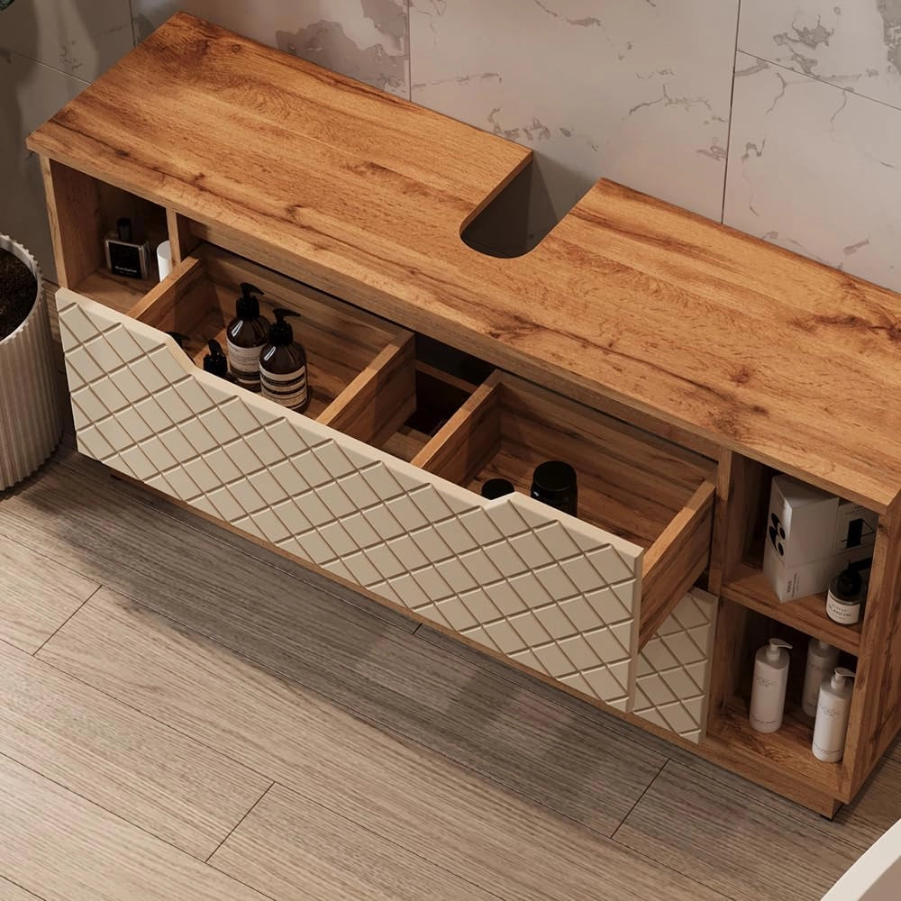 Mobile sottolavabo per bagno Lotta, Rovere/cashmere con struttura in piastrelle, 119.2 x 62.5 cm con 2 cassetti