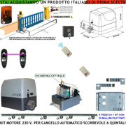 Cancello Automatico Scorrevole da 6 Q.li Kit Motore 230 V Centrale 2 Radiocomando Faro Fotocellula Selettore 5 Metri di Cremagliera in Nylon Fine Corsa Accessori di Fissaggio Condensatore Pignone Z12