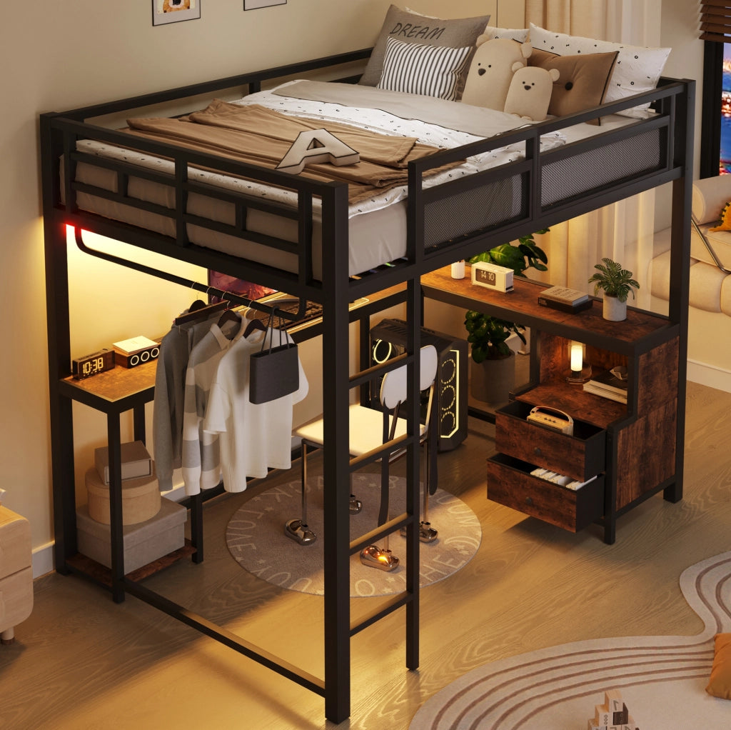 Letto a soppalco 140x200 cm con scrivania; LED e porta USB in metallo e legno nero