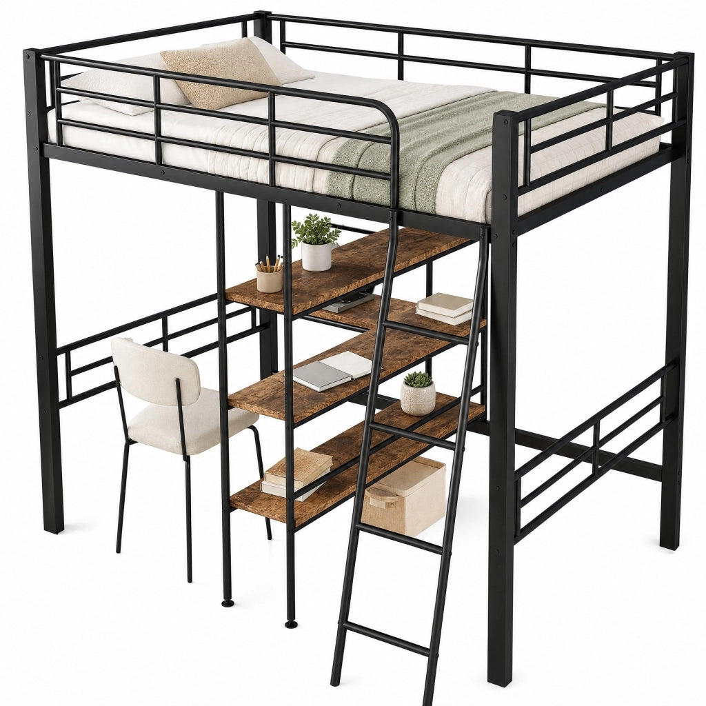 LETTO a soppalco 90x200 cm in metallo nero con scrivania, ripiani, scala e sponde