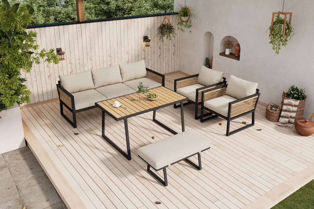 Set da pranzo da giardino set di sdraio da giardino 5 pezzi. Set di mobili da giardino divano a 3 posti 2 poltrone sgabello e tavolo da pranzo piano in legno di plastica braccioli in corda intrecciata acciaio zincato beige